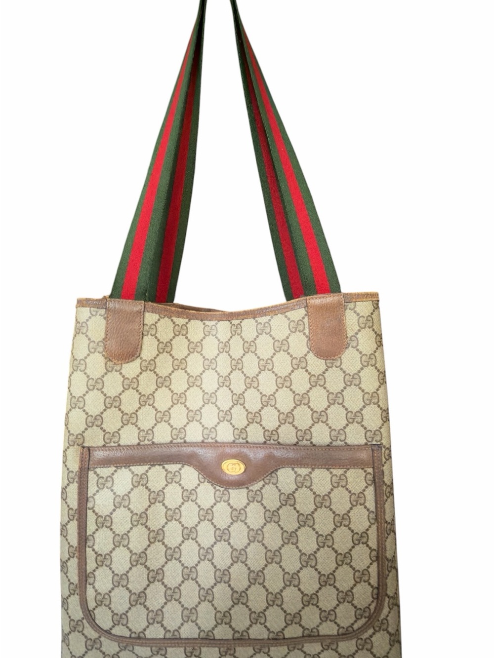 Gucci Beige GG Canvas Tote with Brown Trim and Green-Red Web Straps